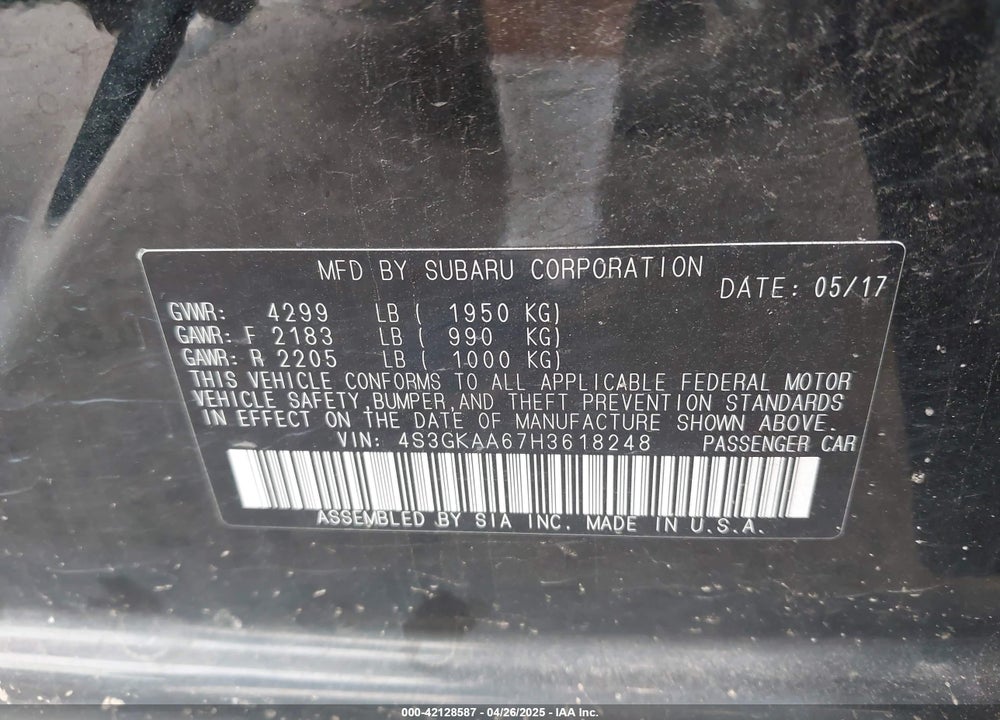 2017 SUBARU IMPREZA 2.0I VIN: 4S3GKAA67H3618248
