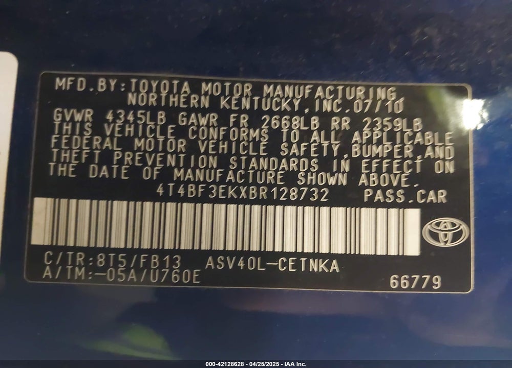2011 TOYOTA CAMRY LE VIN: 4T4BF3EKXBR128732