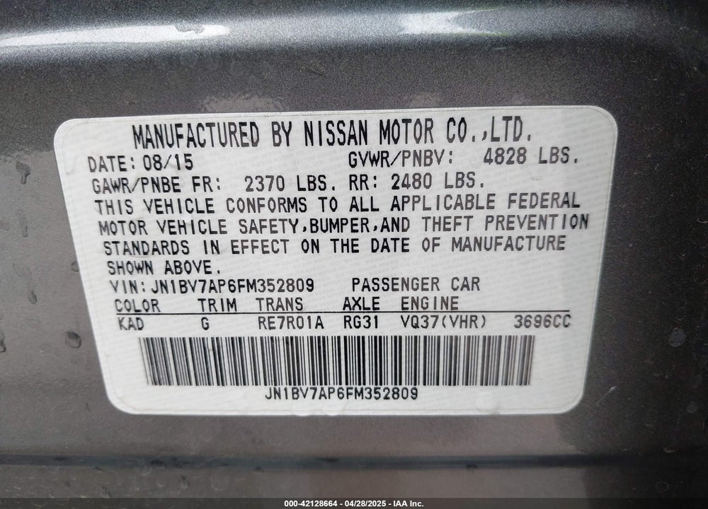 2015 INFINITI Q50 SPORT VIN: JN1BV7AP6FM352809