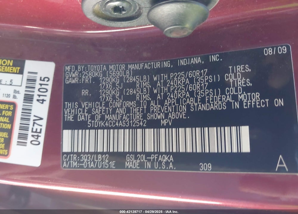 2010 TOYOTA SIENNA VIN: 5TDYK4CC4AS312542