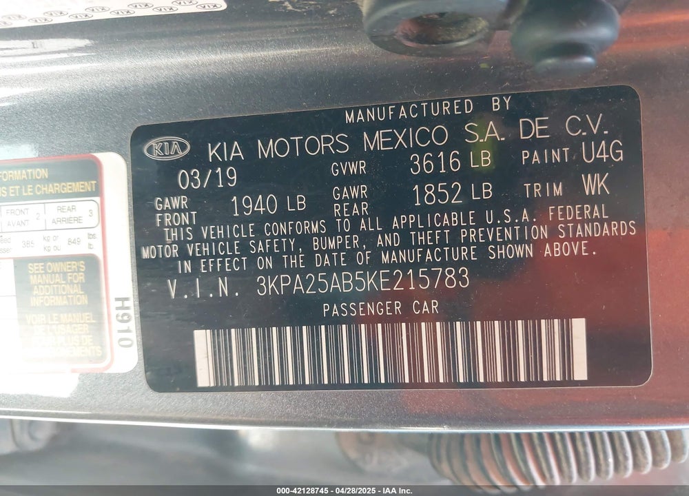 2019 KIA RIO 5-DOOR S VIN: 3KPA25AB5KE215783