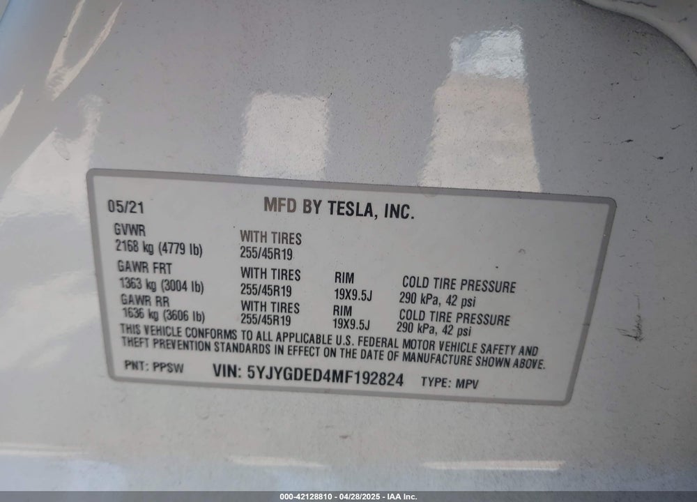2021 TESLA MODEL Y STANDARD RANGE REAR-WHEEL DRIVE VIN: 5YJYGDED4MF192824