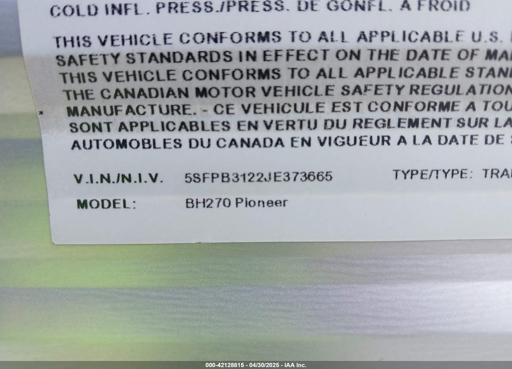 2018 PIONEER NA VIN: 5SFPB3122JE373665
