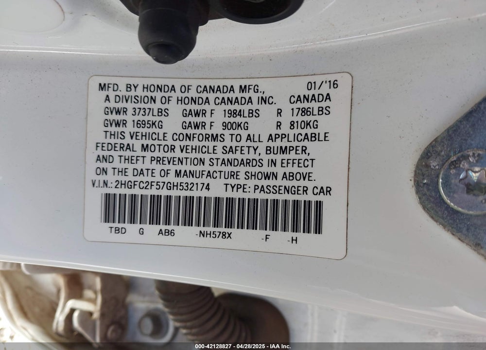 2016 HONDA CIVIC VIN: 2HGFC2F57GH532174