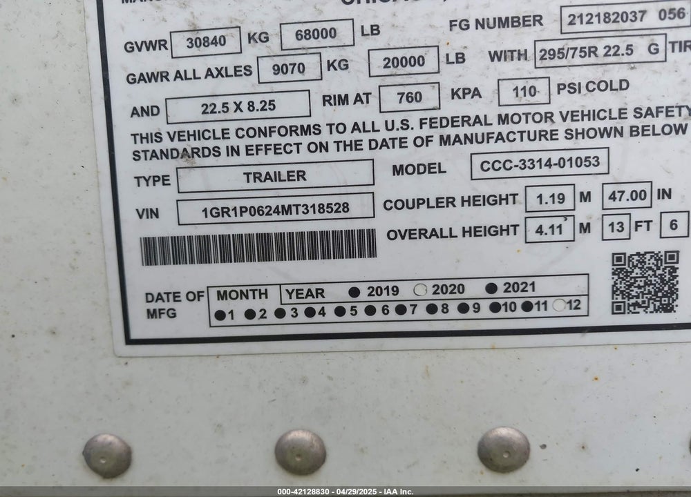 2021 GREAT DANE TRAILERS SEMI TRAILER VIN: 1GR1P0624MT318528