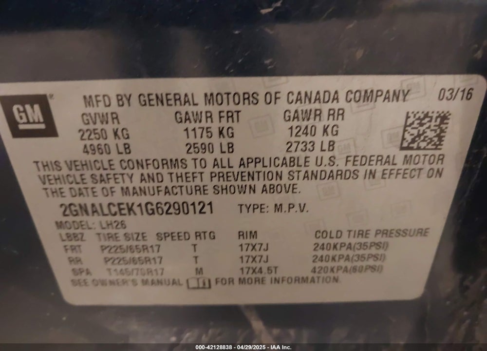 2016 CHEVROLET EQUINOX VIN: 2GNALCEK1G6290121