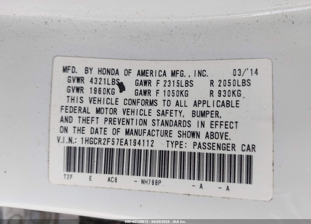 2014 HONDA ACCORD SPORT VIN: 1HGCR2F57EA194112