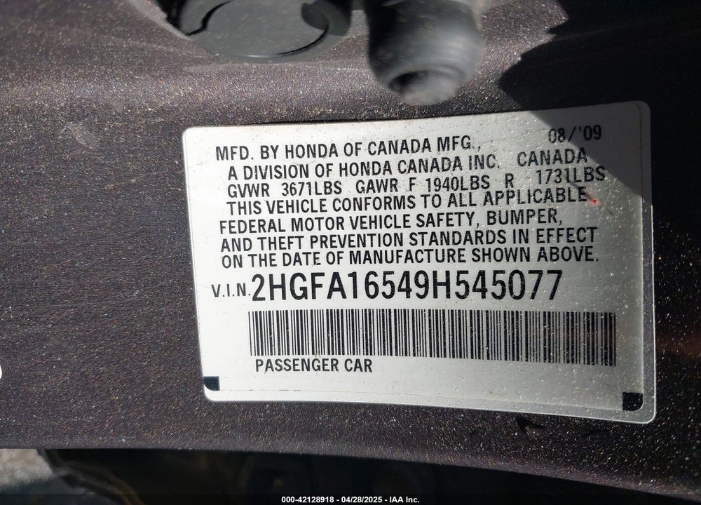 2009 HONDA CIVIC LX VIN: 2HGFA16549H545077