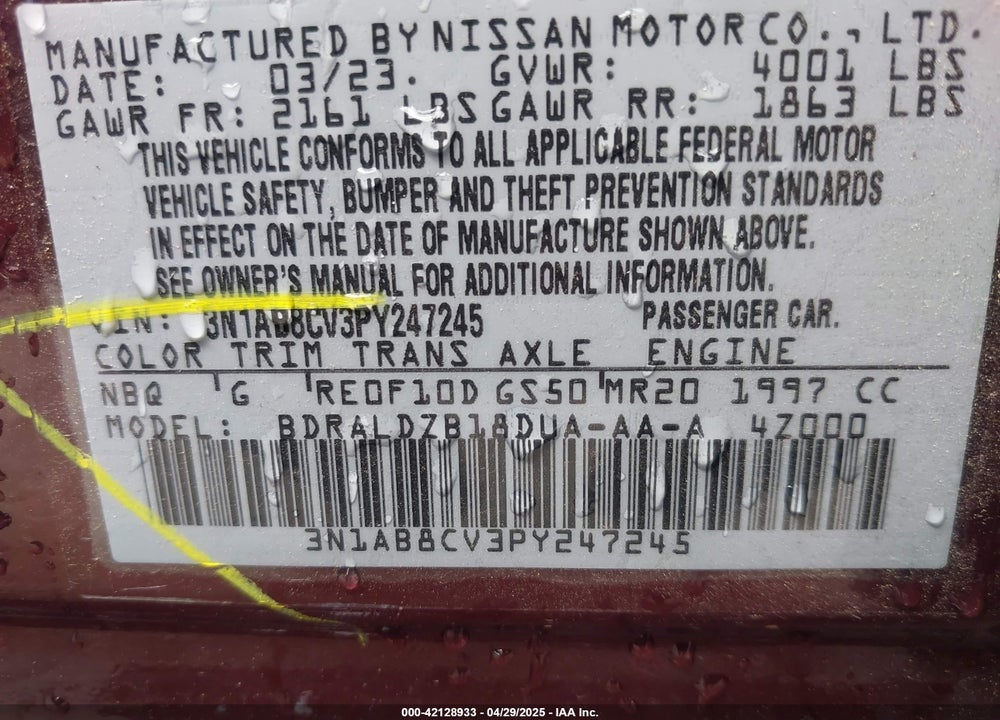 2023 NISSAN SENTRA SV XTRONIC CVT VIN: 3N1AB8CV3PY247245