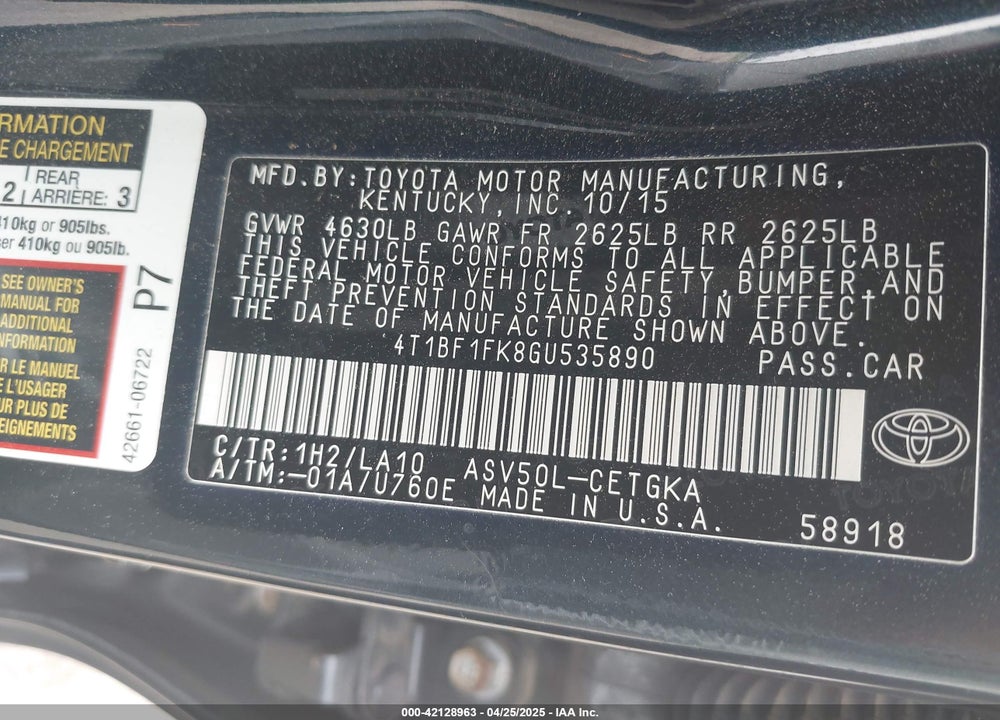 2016 TOYOTA CAMRY VIN: 4T1BF1FK8GU535890