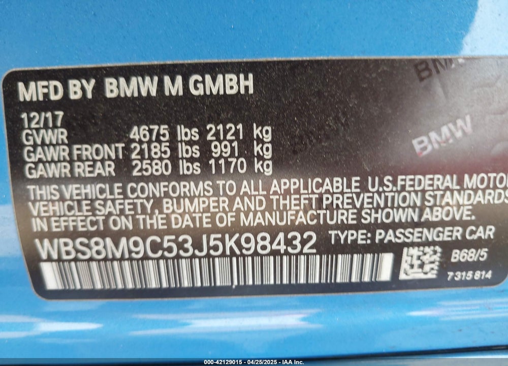 2018 BMW M3 CS VIN: WBS8M9C53J5K98432