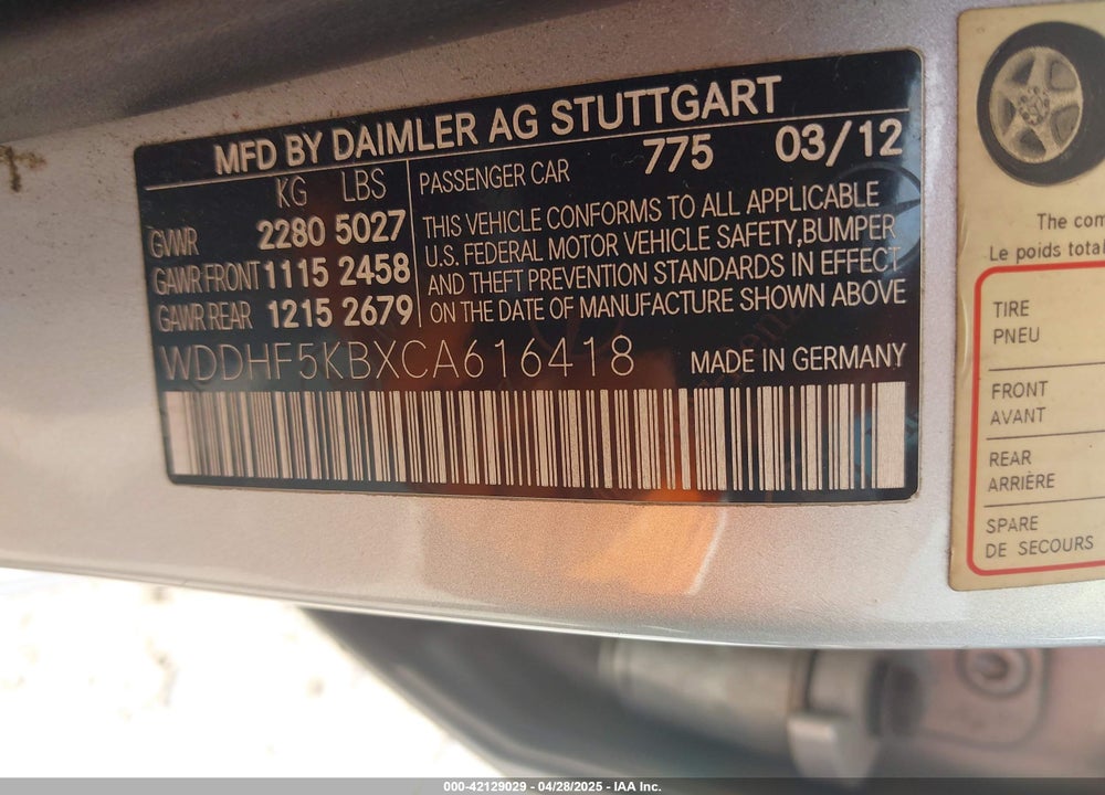 2012 MERCEDES-BENZ E 350 VIN: WDDHF5KBXCA616418