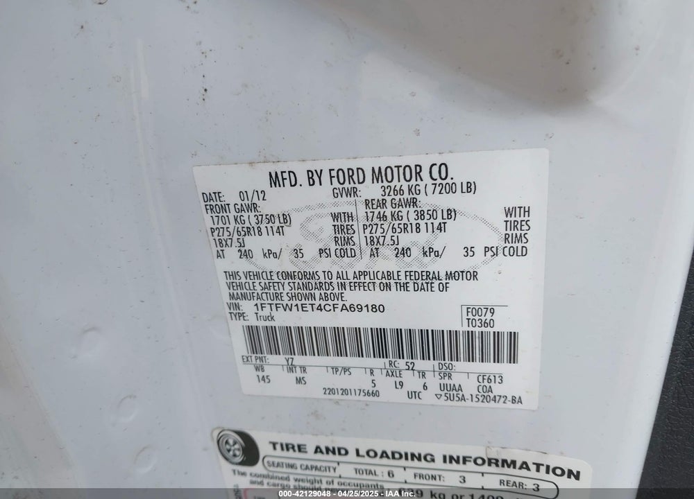 2012 FORD F-150 VIN: 1FTFW1ET4CFA69180