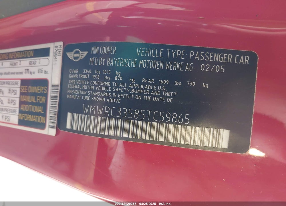 2005 MINI COOPER VIN: WMWRC33585TC59865