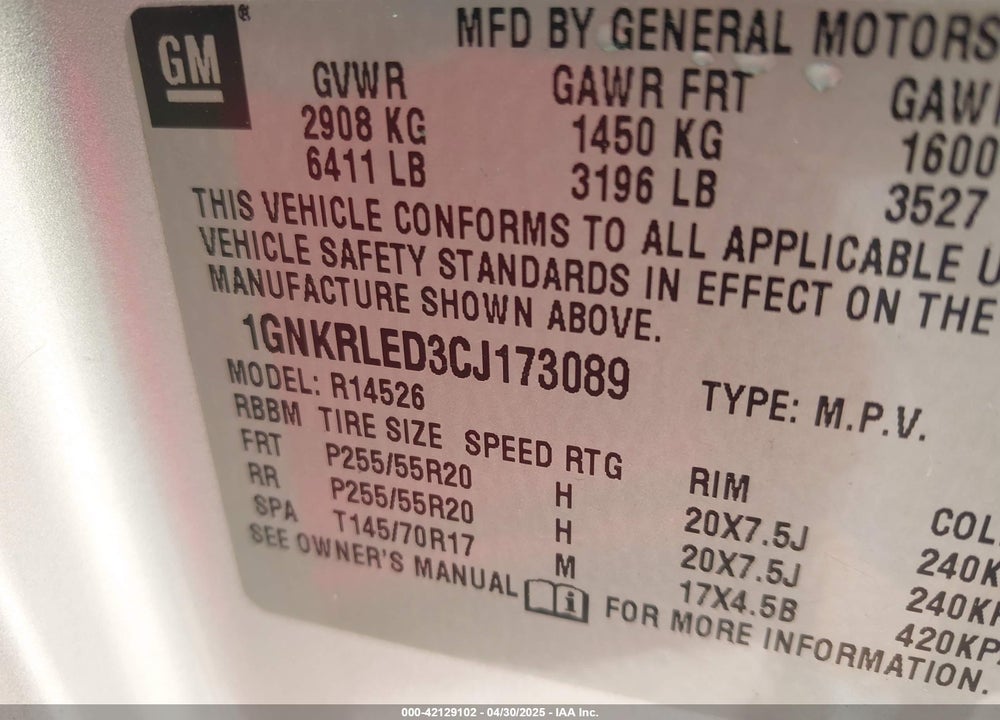 2012 CHEVROLET TRAVERSE LTZ VIN: 1GNKRLED3CJ173089