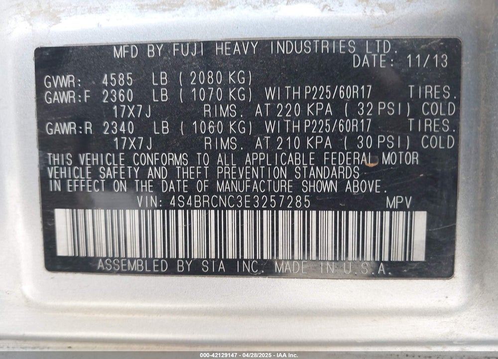 2014 SUBARU OUTBACK VIN: 4S4BRCNC3E3257285