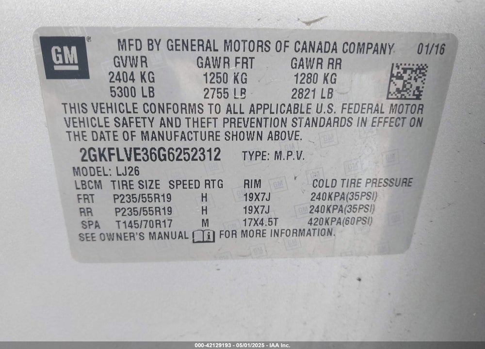 2016 GMC TERRAIN VIN: 2GKFLVE36G6252312