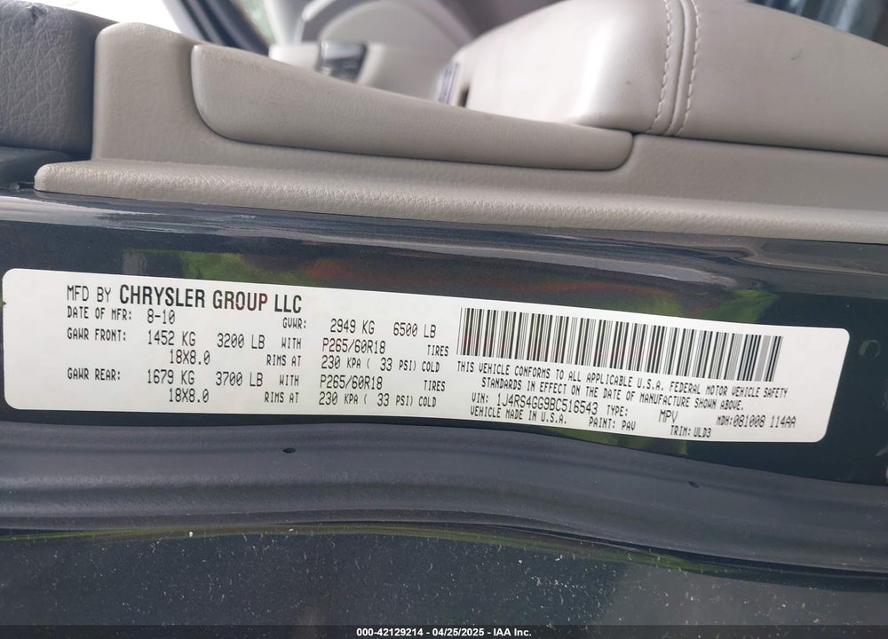 2011 JEEP GRAND CHEROKEE VIN: 1J4RS4GG9BC516543