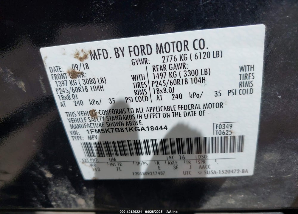 2019 FORD EXPLORER VIN: 1FM5K7B81KGA18444