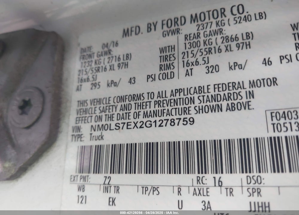 2016 FORD TRANSIT CONNECT XL VIN: NM0LS7EX2G1278759