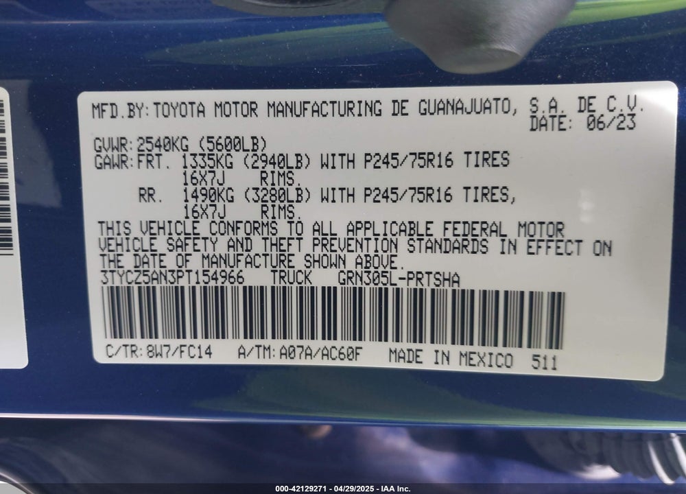 2023 TOYOTA TACOMA SR5 V6 VIN: 3TYCZ5AN3PT154966