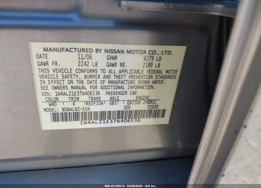 2007 NISSAN ALTIMA VIN: 1N4AL21E37N406536