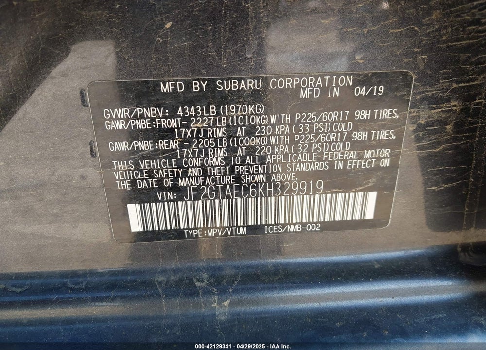 2019 SUBARU CROSSTREK VIN: JF2GTAEC6KH329919
