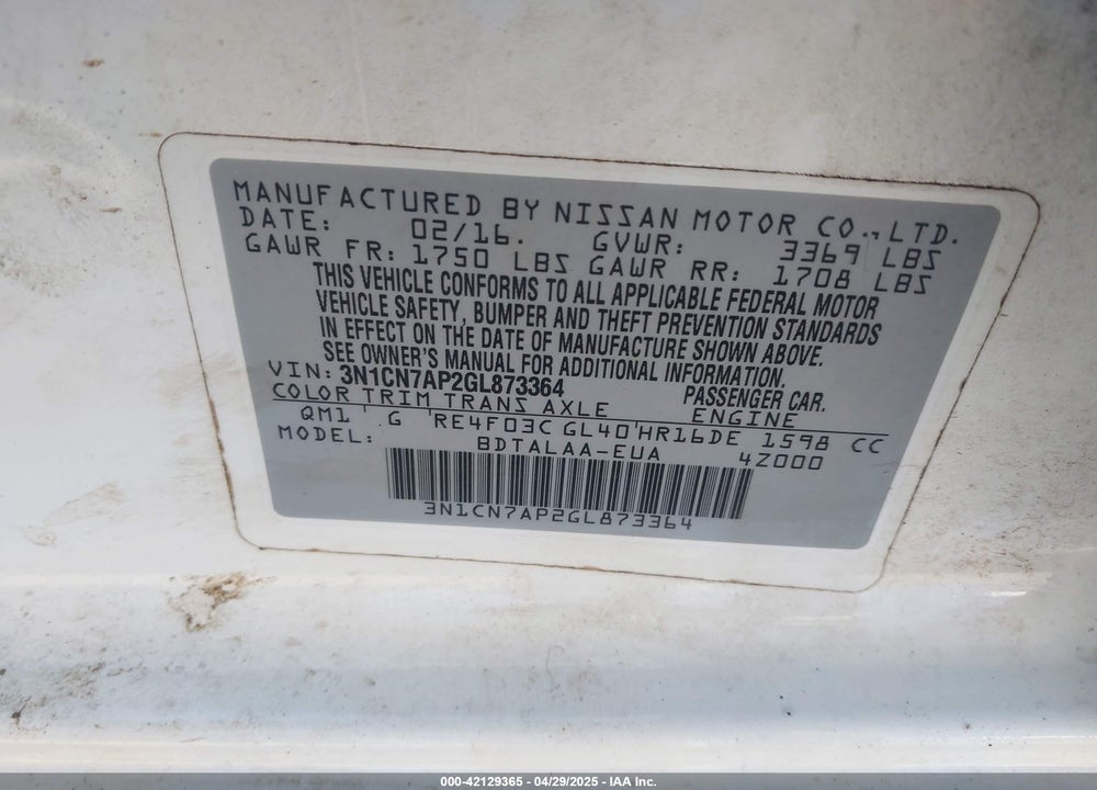 2016 NISSAN VERSA VIN: 3N1CN7AP2GL873364