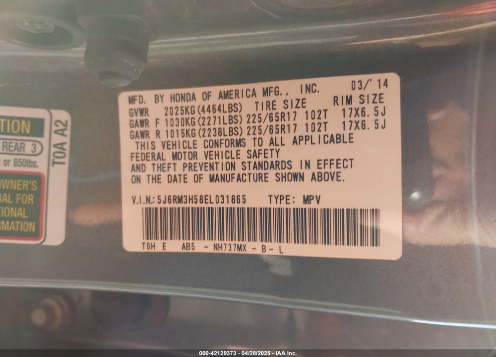 2014 HONDA CR-V EX VIN: 5J6RM3H58EL031865