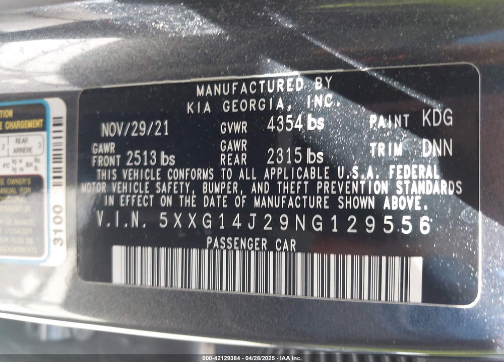 2022 KIA K5 VIN: 5XXG14J29NG129556