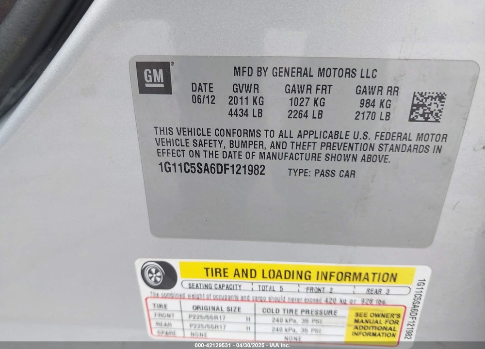 2013 CHEVROLET MALIBU VIN: 1G11C5SA6DF121982