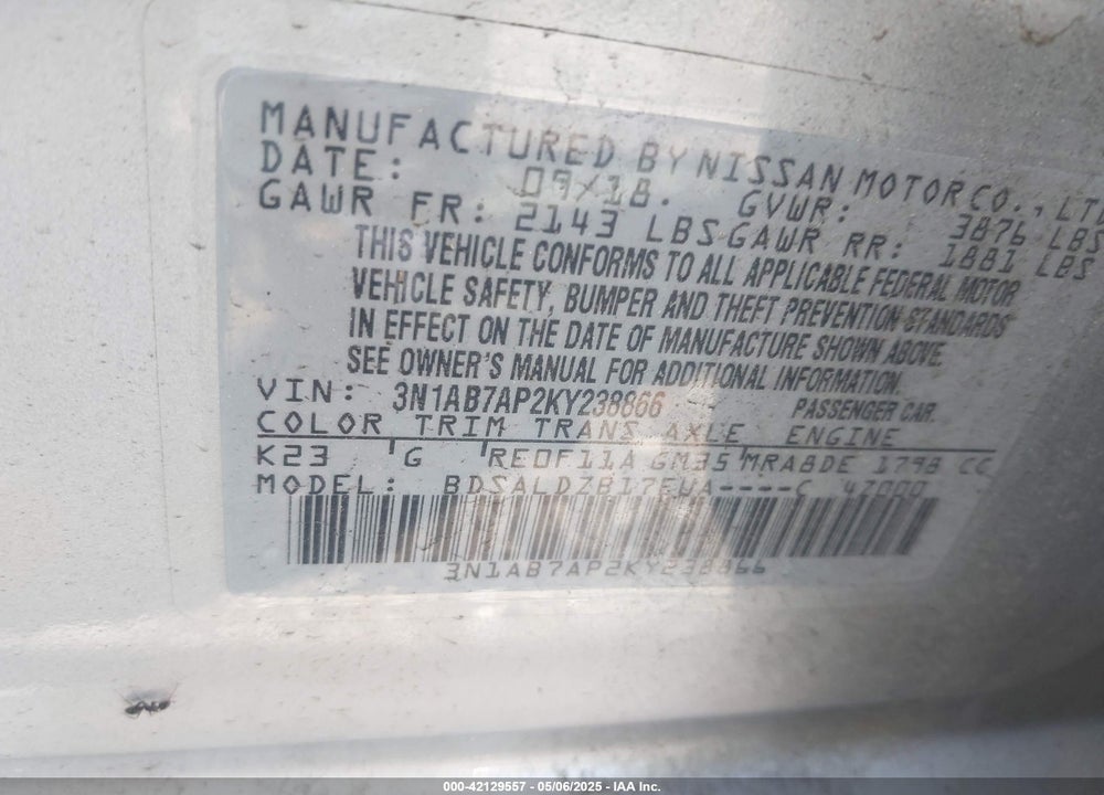 2019 NISSAN SENTRA SV VIN: 3N1AB7AP2KY238866