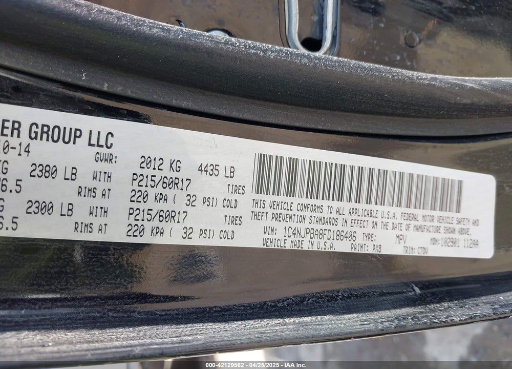 2015 JEEP PATRIOT VIN: 1C4NJPBA8FD186406