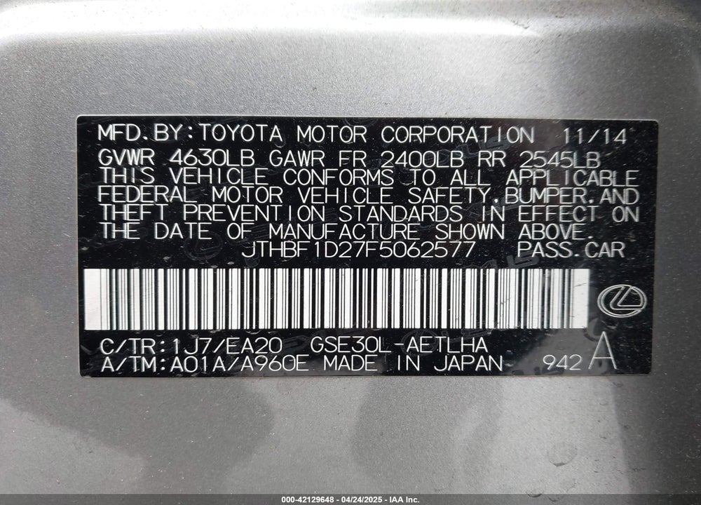 2015 LEXUS IS VIN: JTHBF1D27F5062577
