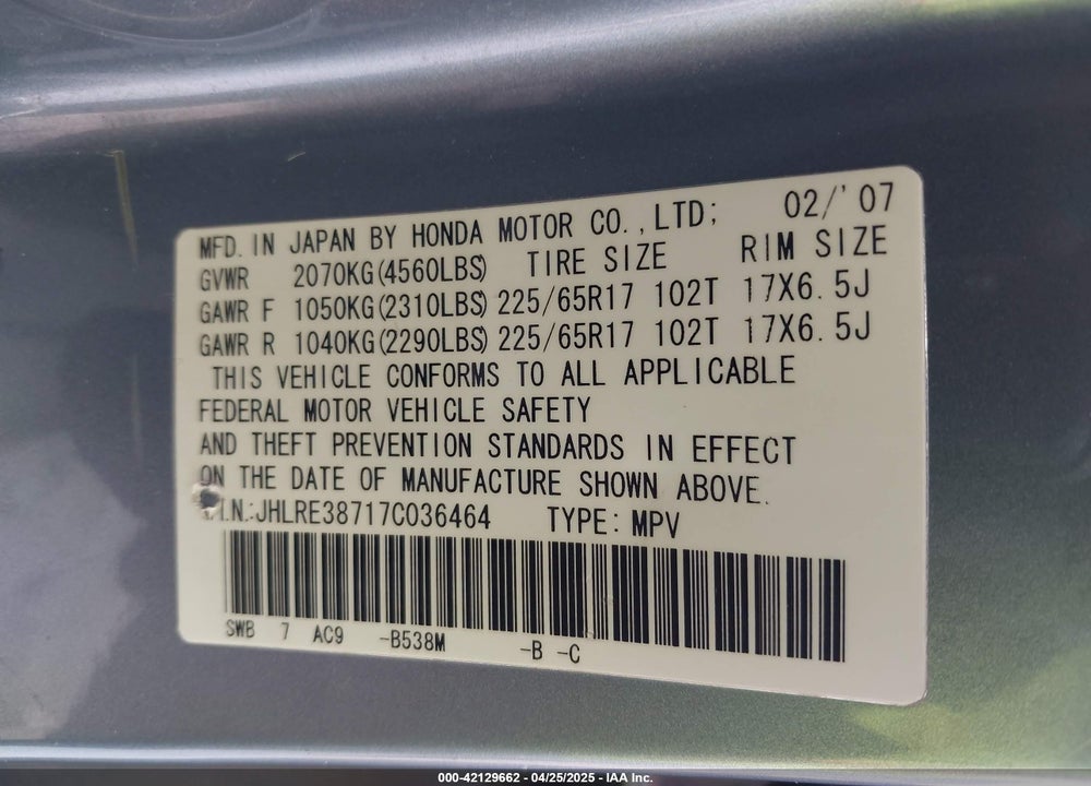 2007 HONDA CR-V EX-L VIN: JHLRE38717C036464
