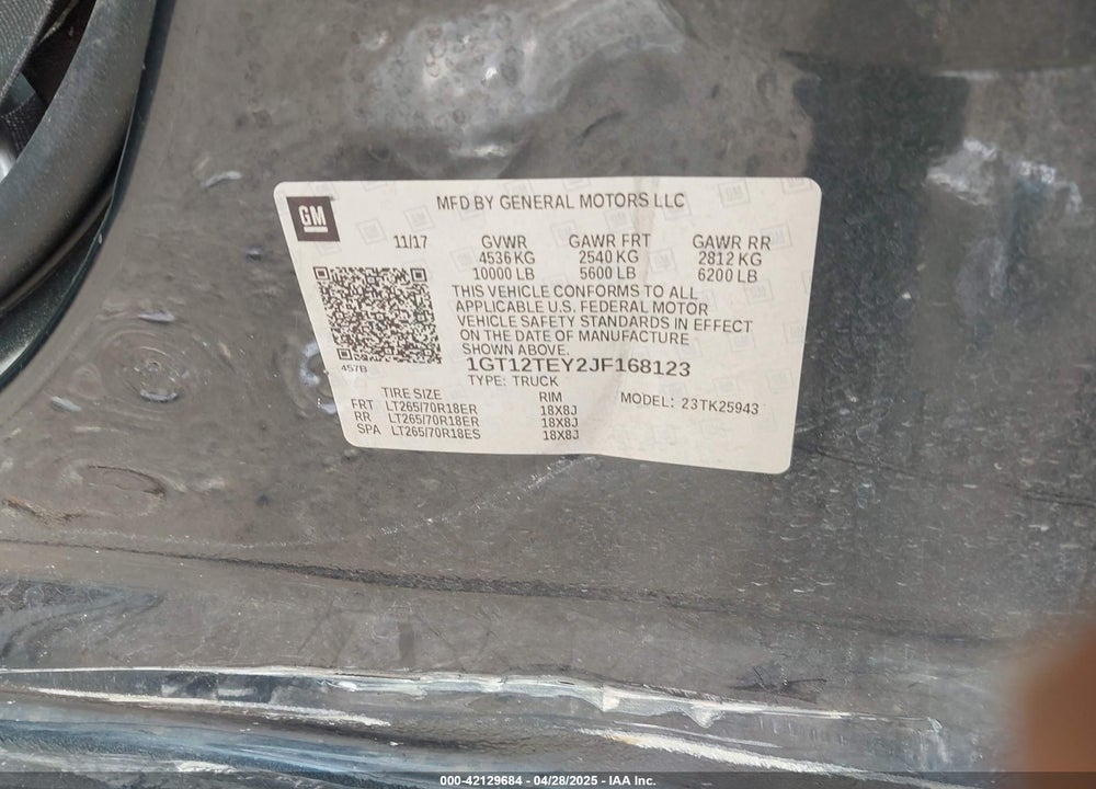 2018 GMC SIERRA VIN: 1GT12TEY2JF168123