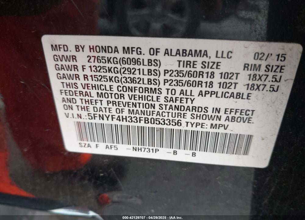 2015 HONDA PILOT VIN: 5FNYF4H33FB053356