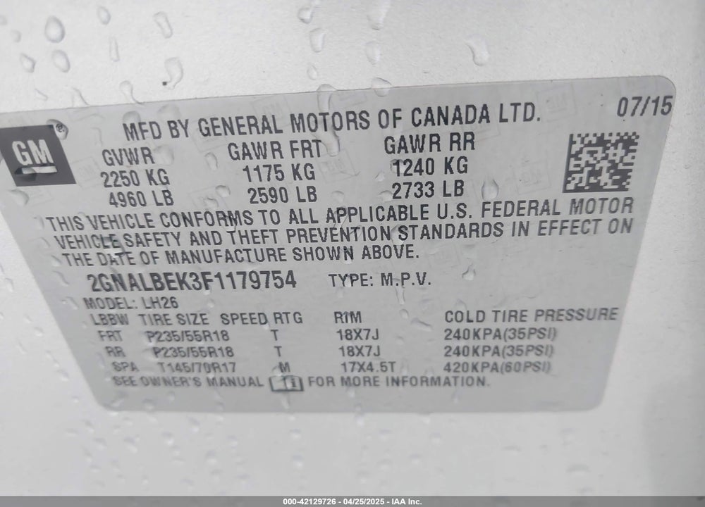 2015 CHEVROLET EQUINOX 1LT VIN: 2GNALBEK3F1179754