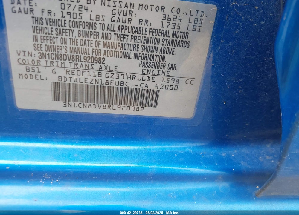 2024 NISSAN VERSA VIN: 3N1CN8DV8RL920982