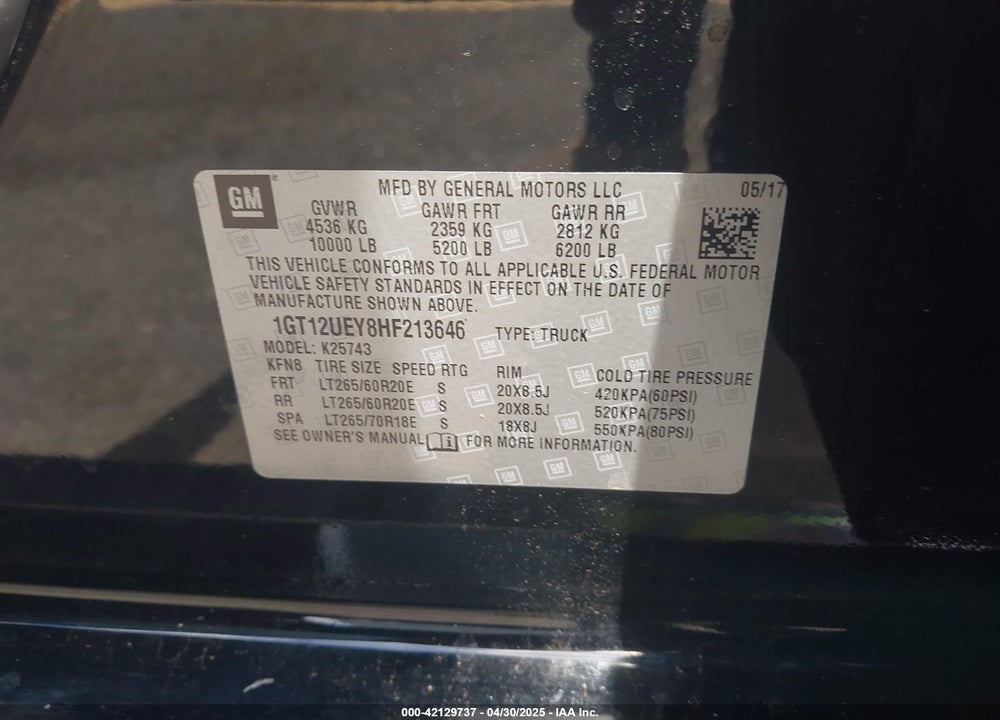 2017 GMC SIERRA 2500HD VIN: 1GT12UEY8HF213646