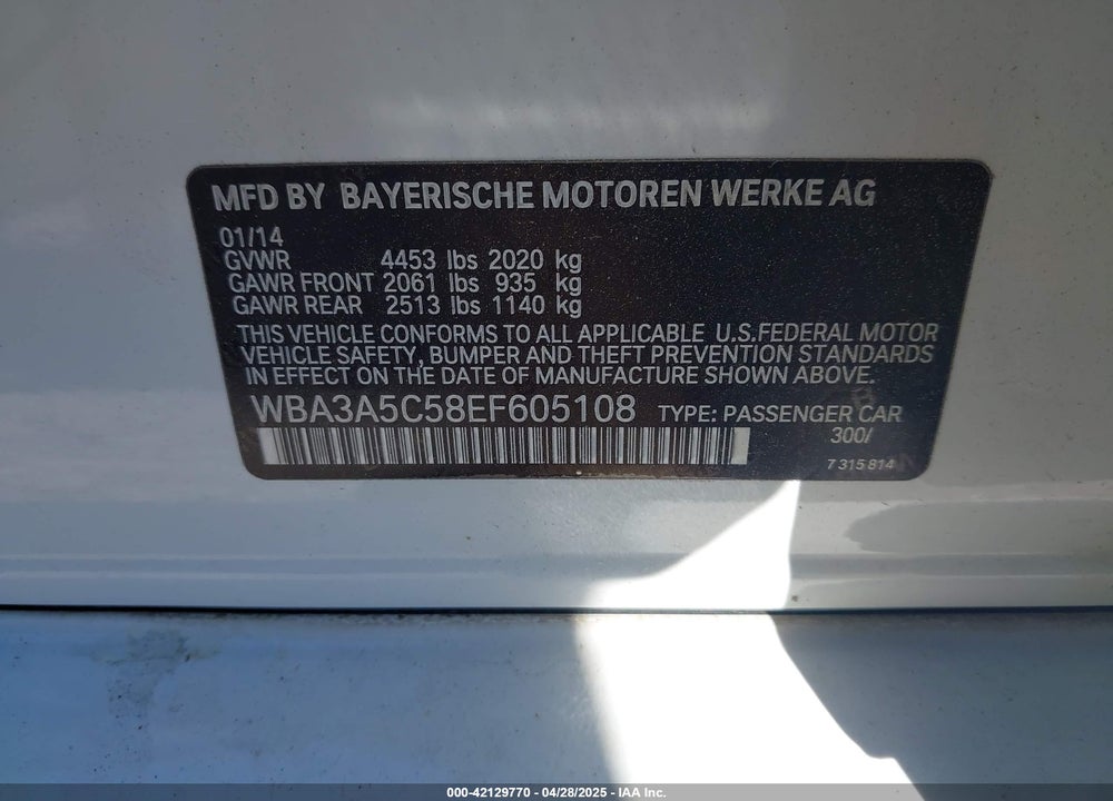2014 BMW 328I VIN: WBA3A5C58EF605108