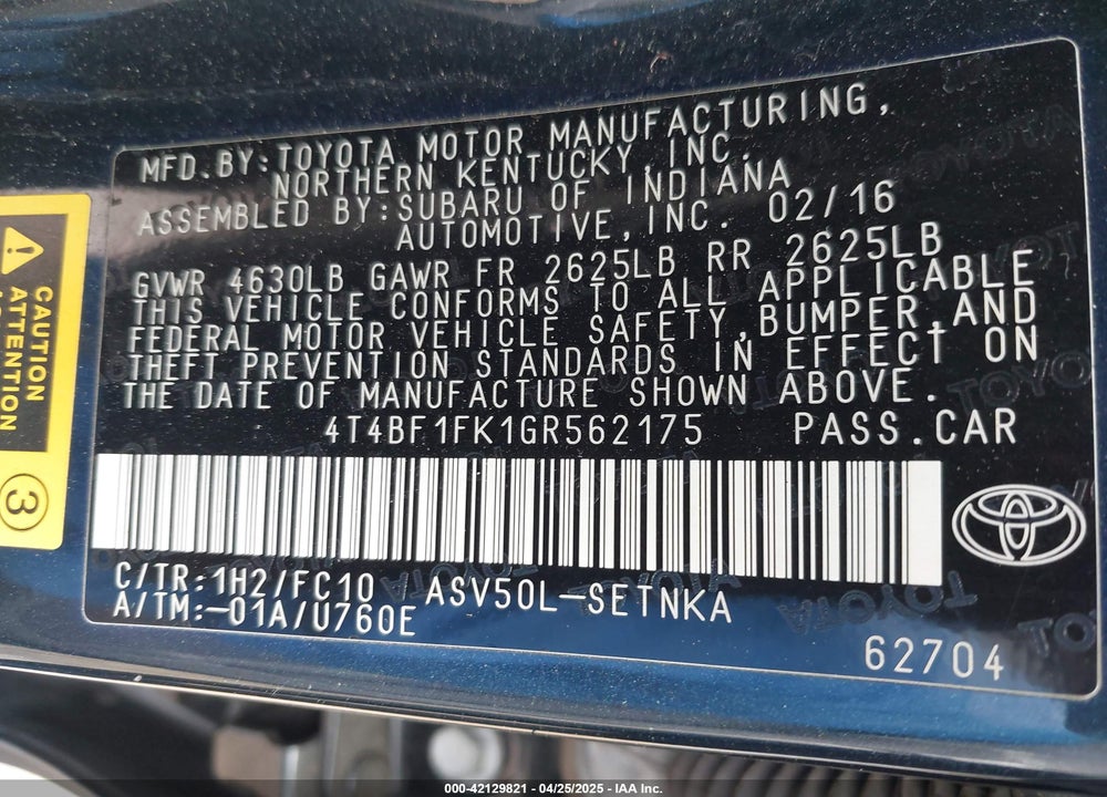 2016 TOYOTA CAMRY VIN: 4T4BF1FK1GR562175