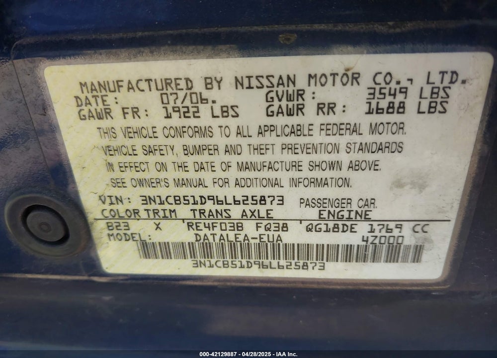 2006 NISSAN SENTRA 1.8S VIN: 3N1CB51D96L625873