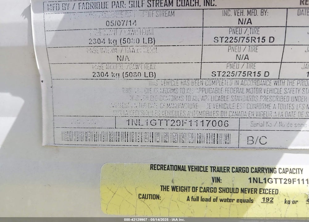 2015 GULFSTREAM TRAILMASTER VIN: 1NL1GTT29F1117006
