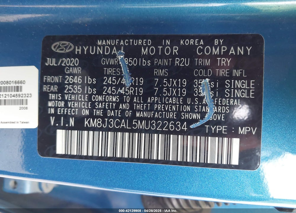 2021 HYUNDAI TUCSON SPORT VIN: KM8J3CAL5MU322634