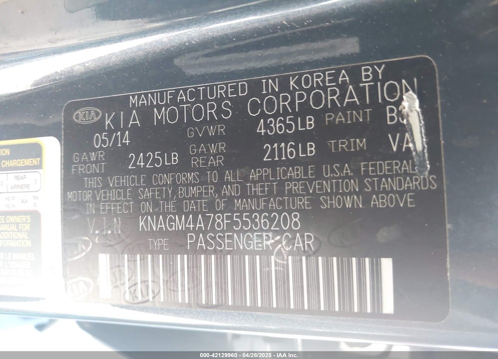 2015 KIA OPTIMA VIN: KNAGM4A78F5536208