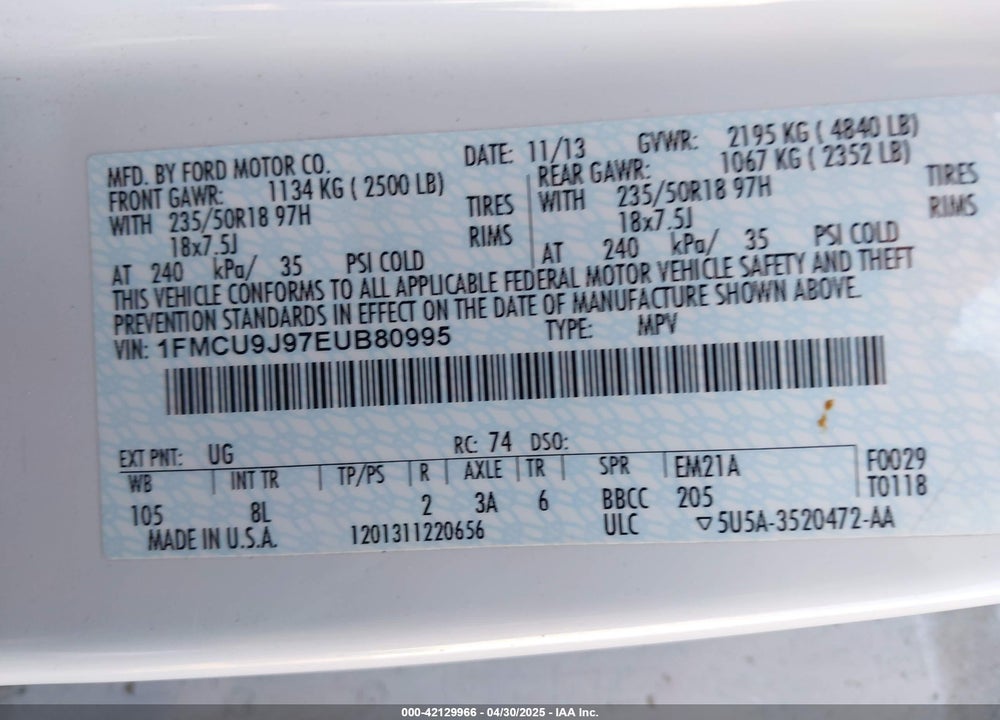 2014 FORD ESCAPE VIN: 1FMCU9J97EUB80995