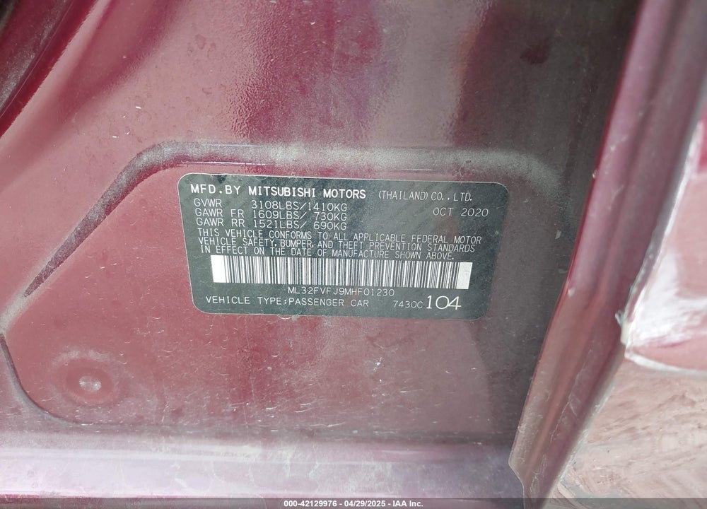 2021 MITSUBISHI MIRAGE G4 SE VIN: ML32FVFJ9MHF01230