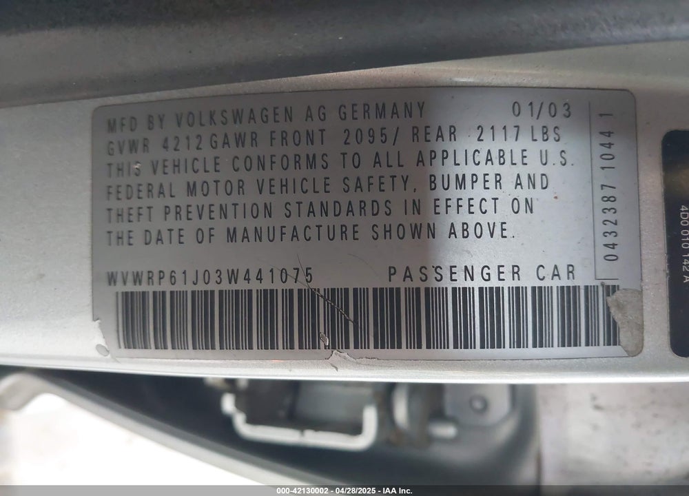 2003 VOLKSWAGEN JETTA VIN: WVWRP61J03W441075