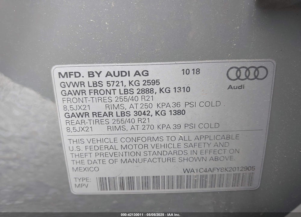 2019 AUDI SQ5 VIN: WA1C4AFY8K2012905